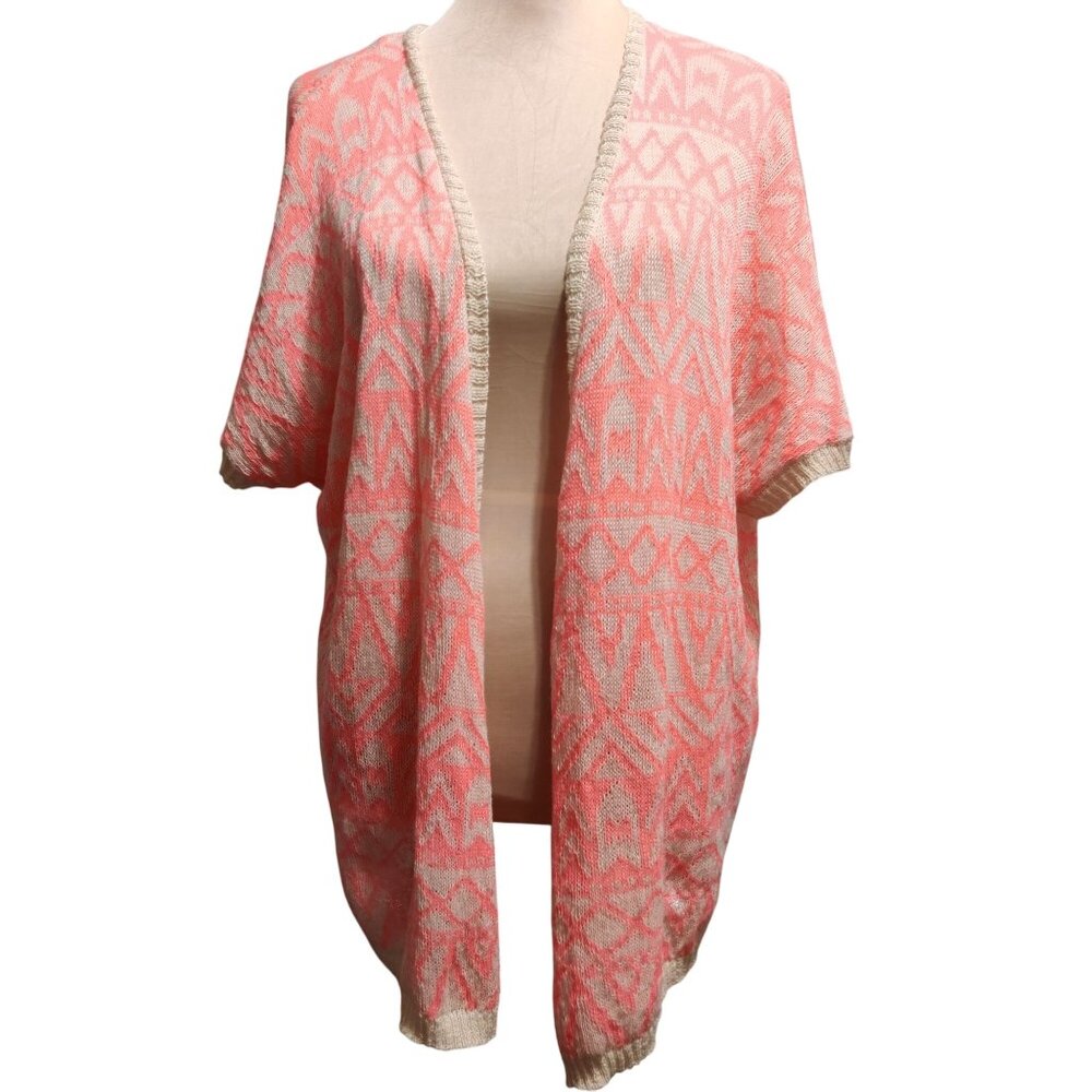 Miss Daisy S Coral Aztec Open Knit Cardigan Short Sleeve Boho Lightweight Layer